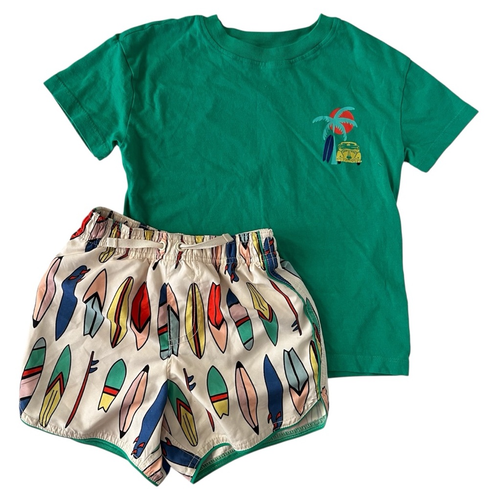 Hanna Andersson surfboard swim trunks and tee
